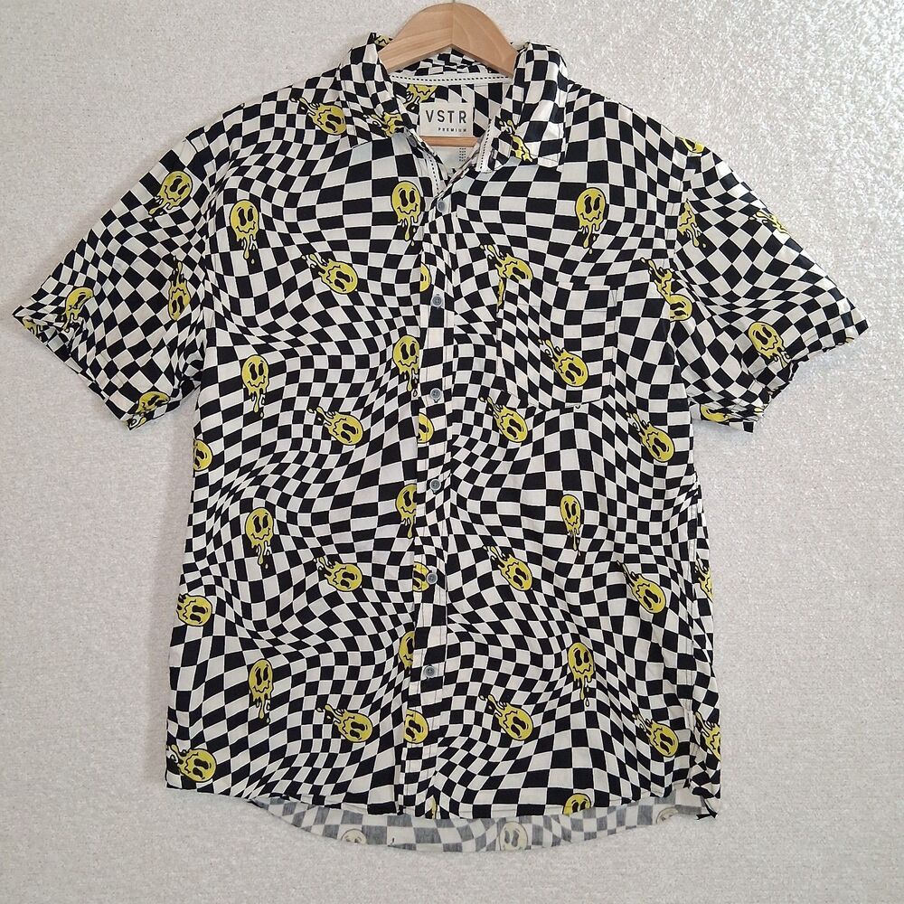Checkered Psychedelic Men's Sz L Button Down Shirt Smiley Face 60s/70s Trippy
